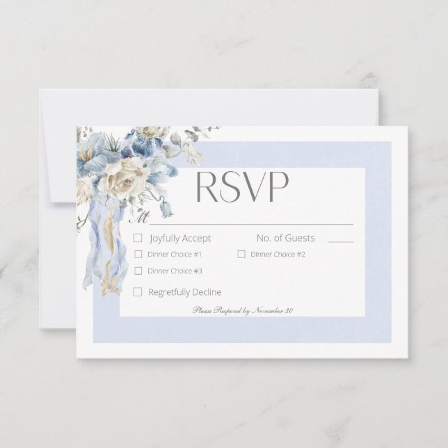 Rustikaler Winter Frosty Blue & White Floral Dinne RSVP Karte (Vorderseite)