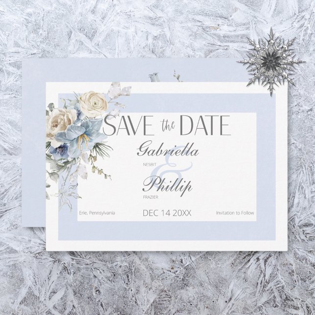 Rustikaler Winter Frosty Blue & White Floral Save The Date (Von Creator hochgeladen)