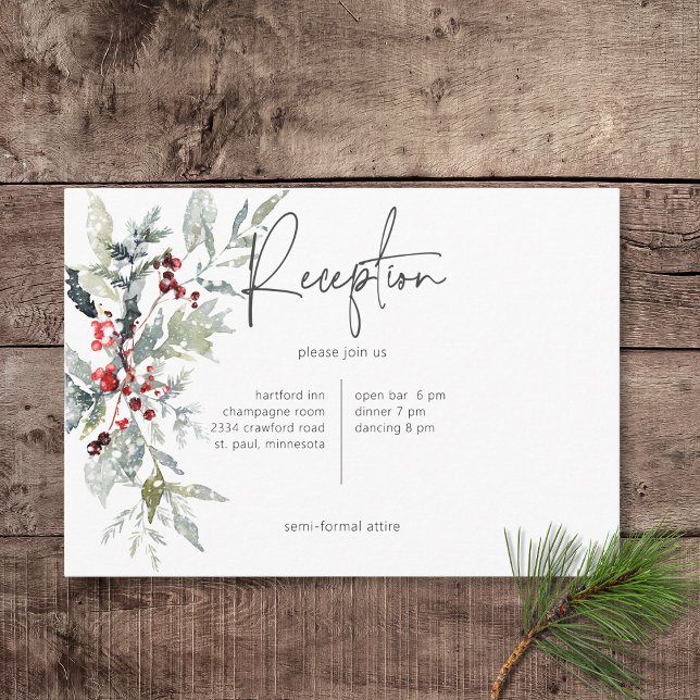 Rustikaler Winter Holly Berries & Snow Empfang Begleitkarte (Rustic Winter Holly Berries & Snow Wedding Reception Card)
