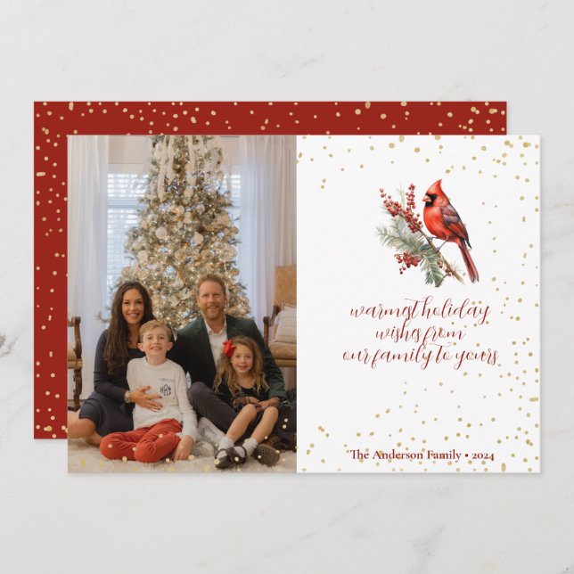 Rustikaler Winter Kardinal Holly Branch Feiertagskarte (Vorne/Hinten)