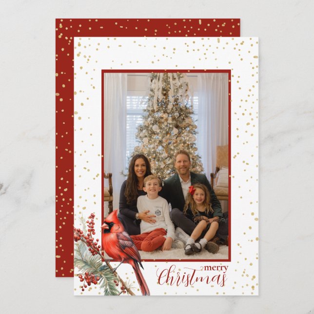 Rustikaler Winter Kardinal Holly Branch Feiertagskarte (Vorne/Hinten)