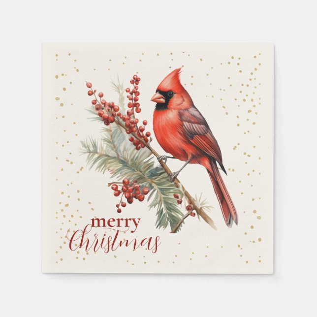 Rustikaler Winter Kardinal Holly Branch Serviette (Vorderseite)