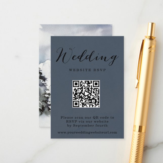 Rustikaler Winter Mountain QR Code Wedding Respons Begleitkarte (Vorderseite/Rückseite Beispiel)