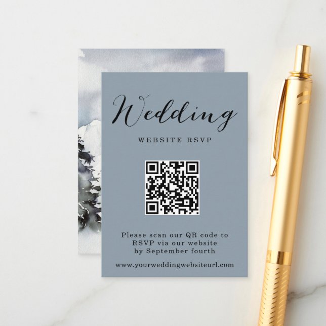 Rustikaler Winter Mountain QR Code Wedding Respons Begleitkarte (Vorderseite/Rückseite Beispiel)