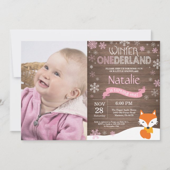 Rustikaler Winter Onederland Fox 1. Geburtstag Einladung (Vorderseite)