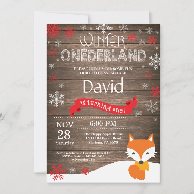 Rustikaler Winter Onederland Fox 1. Geburtstag Einladung (Vorderseite)