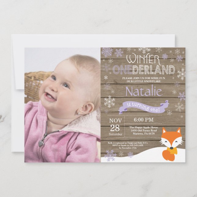 Rustikaler Winter Onederland Fox 1. Geburtstag Einladung (Vorderseite)