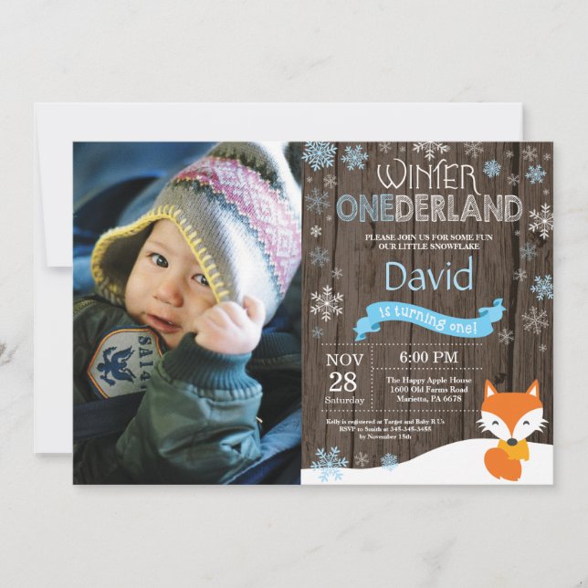 Rustikaler Winter Onederland Fox 1. Geburtstag Einladung (Vorderseite)