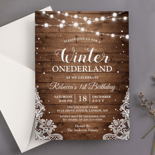 Rustikaler Winter ONEderland Lace Baby erster Gebu Einladung (Von Creator hochgeladen)