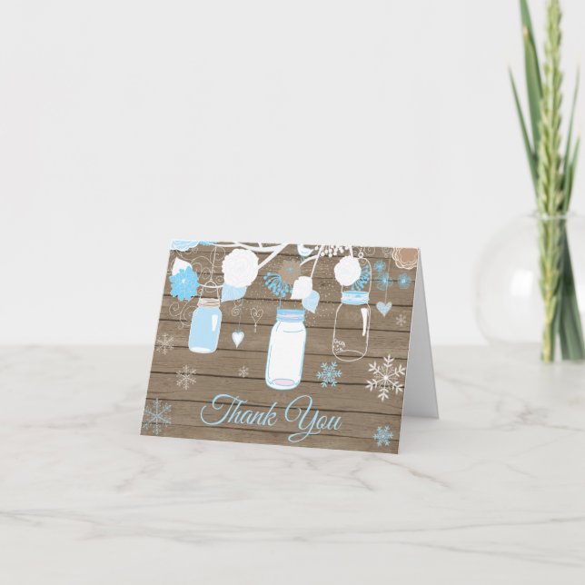 Rustikaler Winter Snowflake Mason Jar Blue Dankeskarte (Vorderseite)
