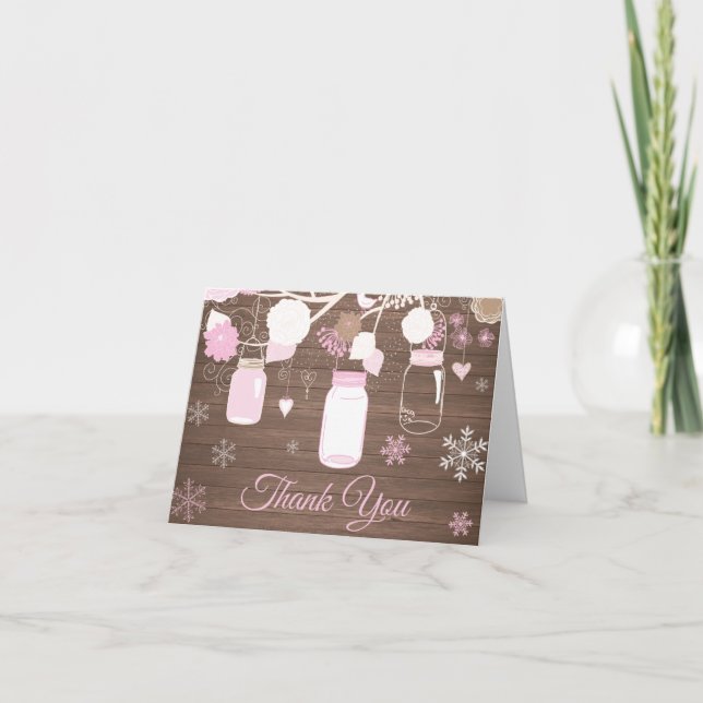 Rustikaler Winter Snowflake Mason Jar Pink Dankeskarte (Vorderseite)