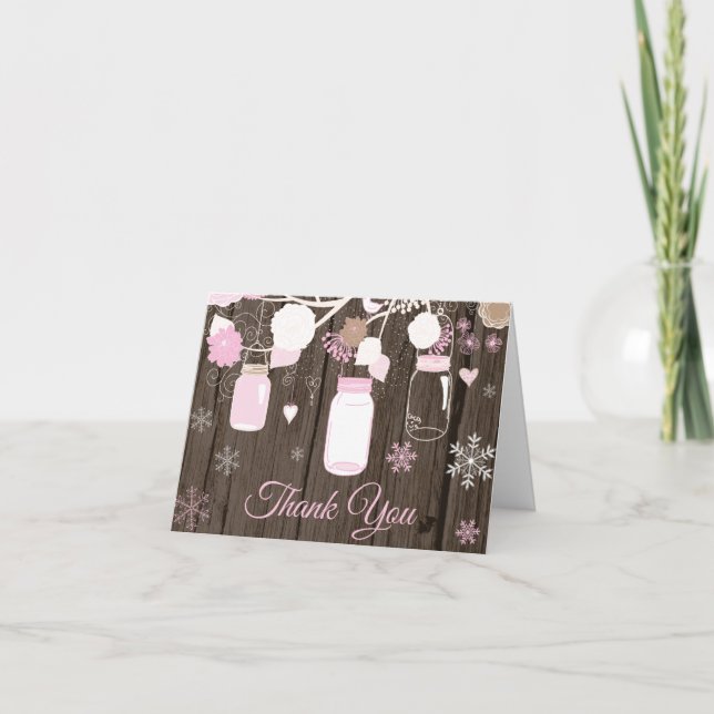 Rustikaler Winter Snowflake Mason Jar Pink Dankeskarte (Vorderseite)