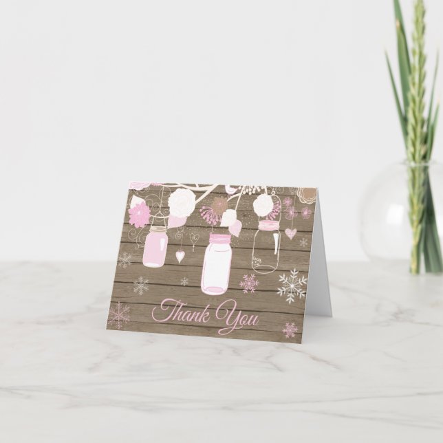 Rustikaler Winter Snowflake Mason Jar Pink Dankeskarte (Vorderseite)