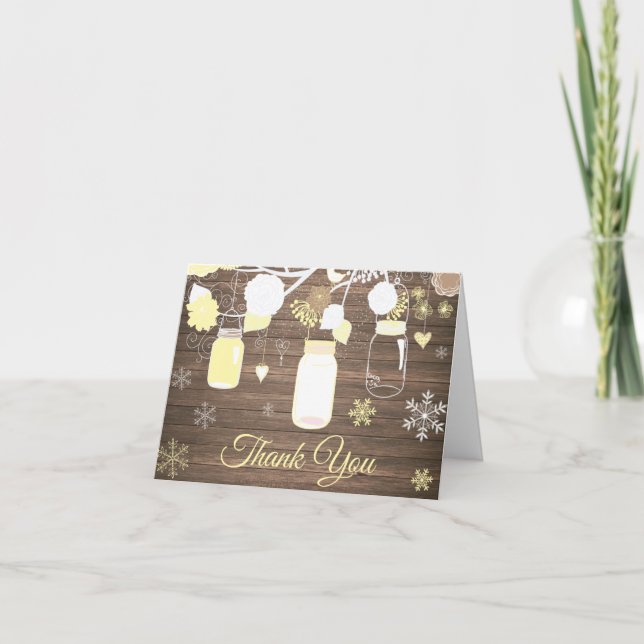 Rustikaler Winter Snowflake Mason Jar Yellow Dankeskarte (Vorderseite)