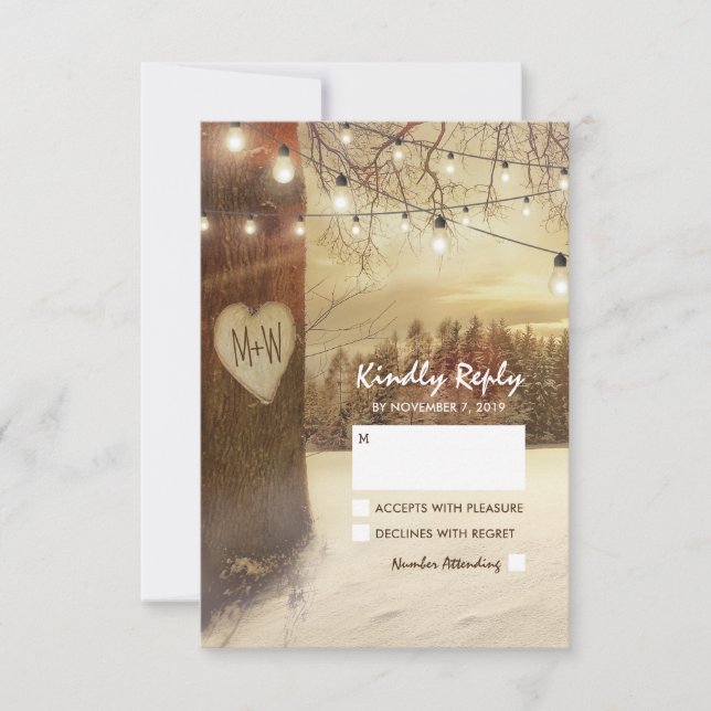 Rustikaler Winterbaum Twinkle Lights Wedding RSVP (Vorderseite)