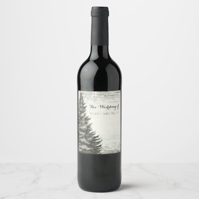Rustikaler Winterpine Tree & White Wood Wedding Wi Weinetikett (Vorderseite)