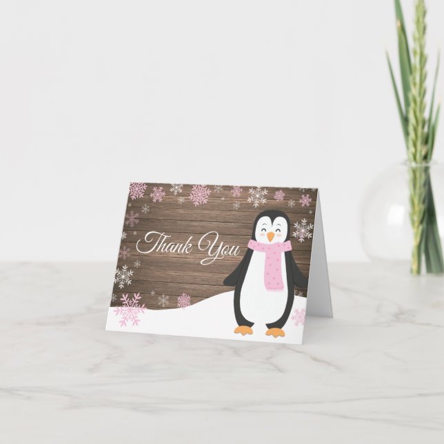 Rustikaler Winterpinguin Snowflake Pink Dankeskarte (Vorderseite)