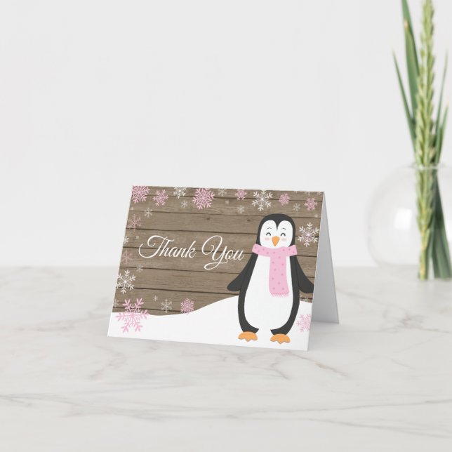 Rustikaler Winterpinguin Snowflake Pink Dankeskarte (Vorderseite)