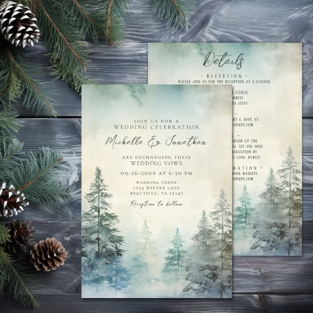 Rustikaler Winterpinienwald auf einer Hochzeit Einladung (Rustic Winter Pine Forest All In One Wedding Invitation)