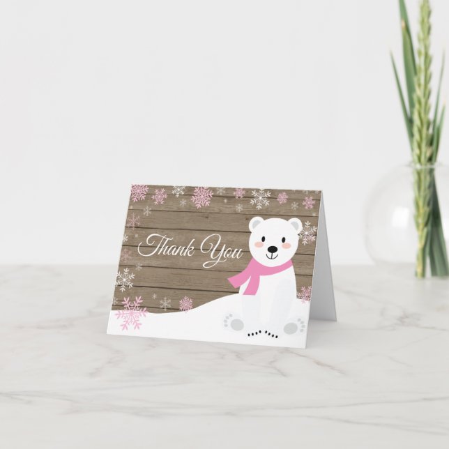 Rustikaler Winterpolarbären Schneeflocken Rosa Dankeskarte (Vorderseite)