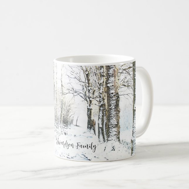 Rustikaler Winterschneewald mit Monogramm Kaffeetasse (VorderseiteRechts)