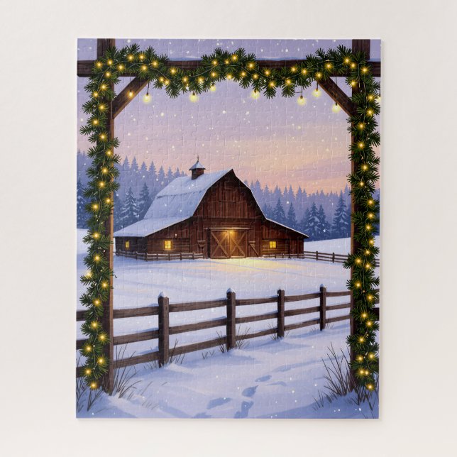 Rustikaler Winterstall bei Sonnenuntergang Puzzle (Vertikal)