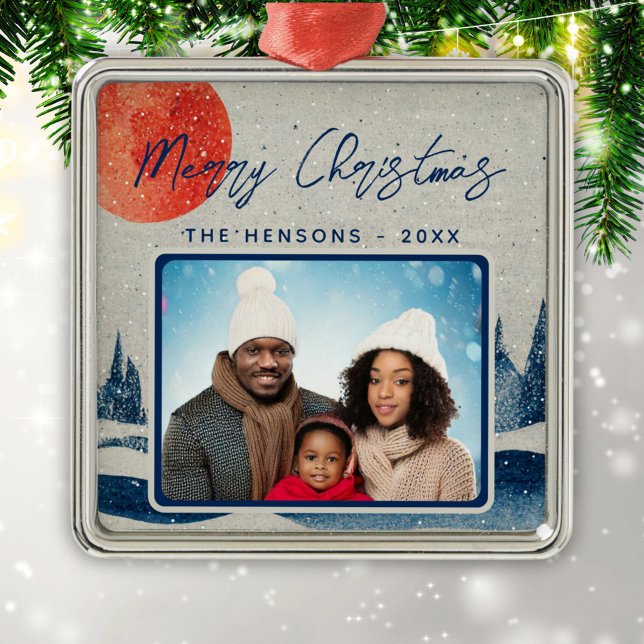 Rustikaler Winterwald Moon Familienfest Foto Weihn Ornament Aus Metall (Von Creator hochgeladen)