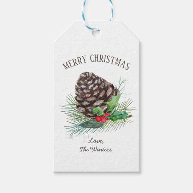 Rustikaler Winterwald Pine Cone Holly Kraft Urlaub Geschenkanhänger (Vorderseite)