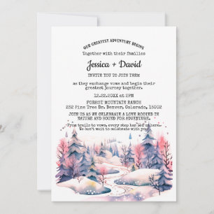 Rustikaler Winterwaldweg Schnee Hochzeit im Freien Einladung