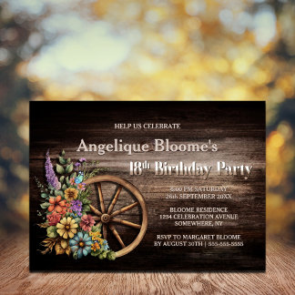 Rustikaler Wood Floral Western 18. Geburtstag Einladung
