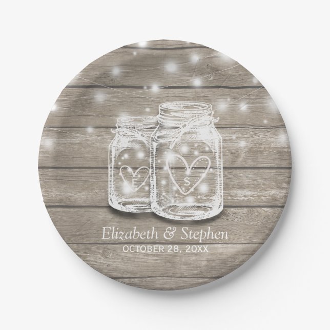 Rustikaler Wood Mason Jar String Lights Polteraben Pappteller (Vorderseite)