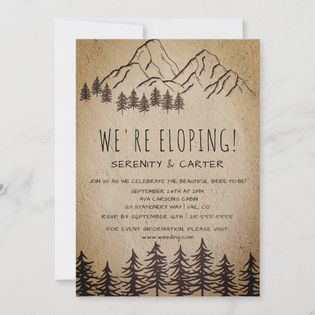 Rustikaler Woodsy Mountain Elopement Empfang Einladung (Vorderseite)