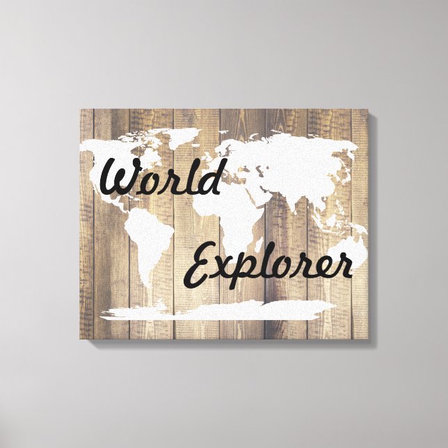 Rustikaler World Explorer White World Map Holzplan Leinwanddruck (Vorderseite)