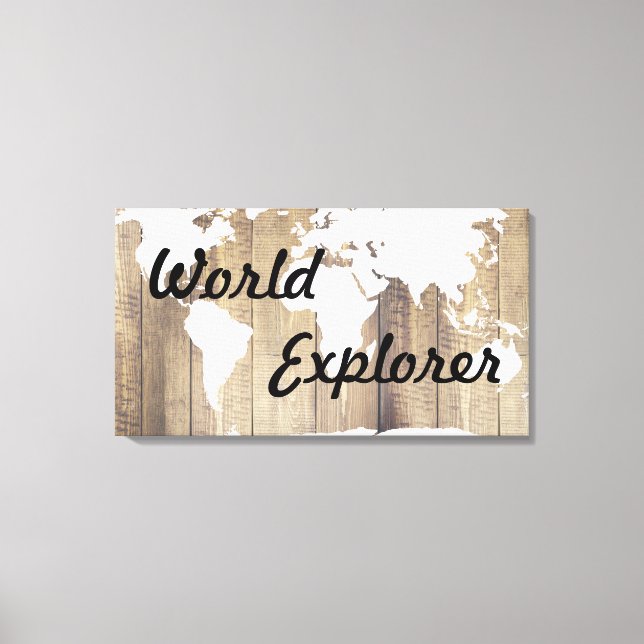 Rustikaler World Explorer White World Map Holzplan Leinwanddruck (Vorderseite)