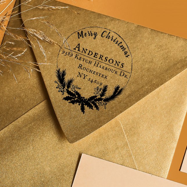 Rustikaler Wreath Frohe Weihnachtsfeier Rücksendea Gummistempel (Rustic Merry Christmas Wreath Return Address Rubber Stamp)