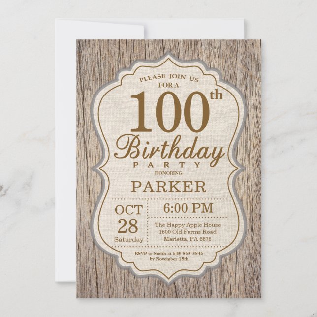 Rustikales 100. Geburtstag Einladung Holz (Vorderseite)