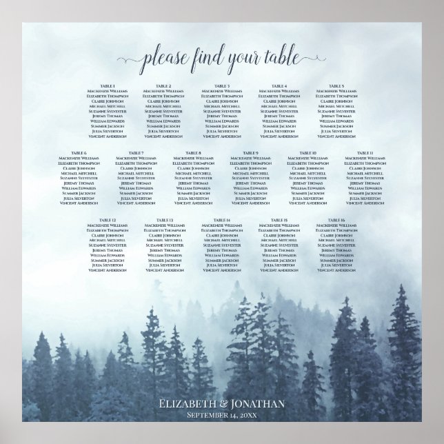 Rustikales 16 Tafelblauer Wald Hochzeitstabelle Poster (Vorne)