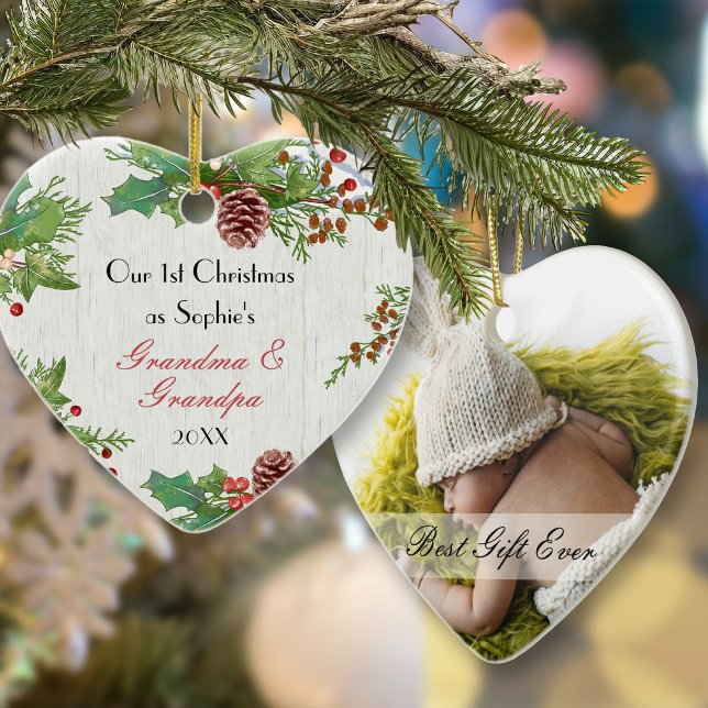 Rustikales 1. Weihnachtsfest Neue Großeltern Foto Keramik Ornament (Von Creator hochgeladen)