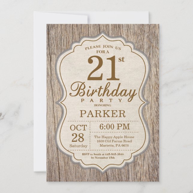 Rustikales 21. Geburtstag Einladung Holz (Vorderseite)