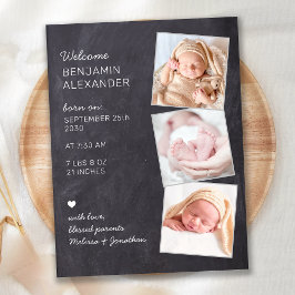 Rustikales 3 Foto neues Baby Chalkboard Birth Ankündigungspostkarte