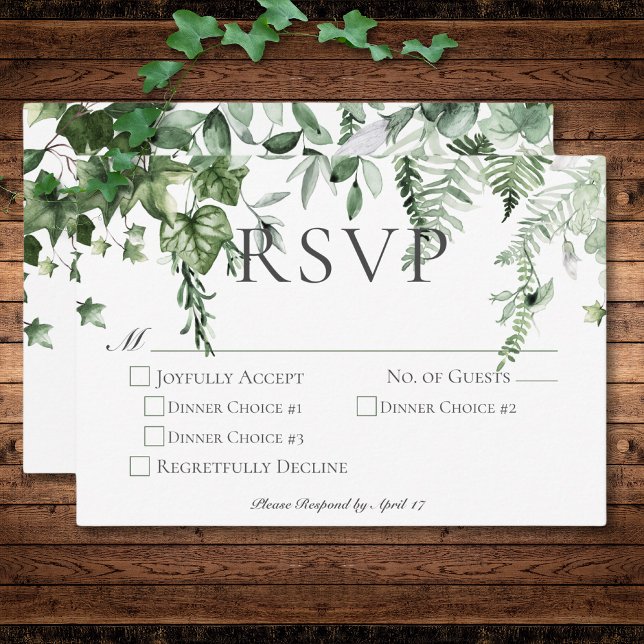 Rustikales Abendessen im Grünen RSVP Karte (Rustic Ivy & Sage Greenery Wedding Dinner RSVP Card)