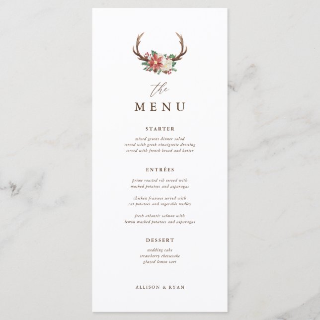 Rustikales Abendessen im Winter Hochzeitsmenü Menükarte (Vorderseite)