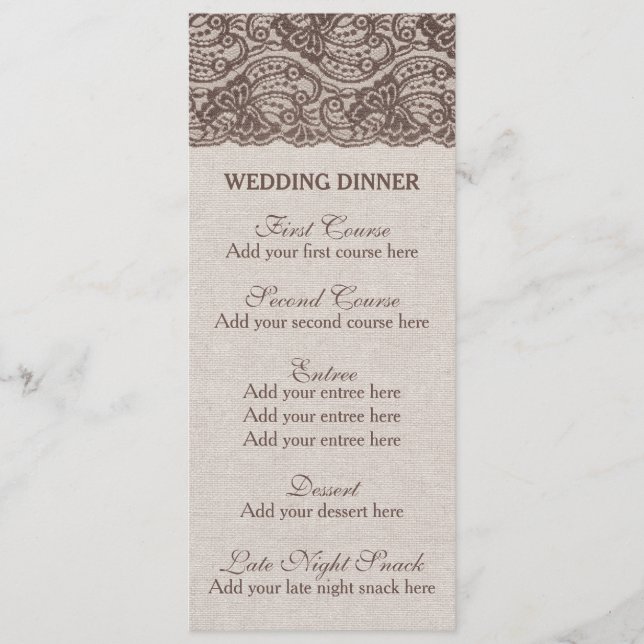 Rustikales Abendmenü Burlap Lace Menükarte (Vorderseite)