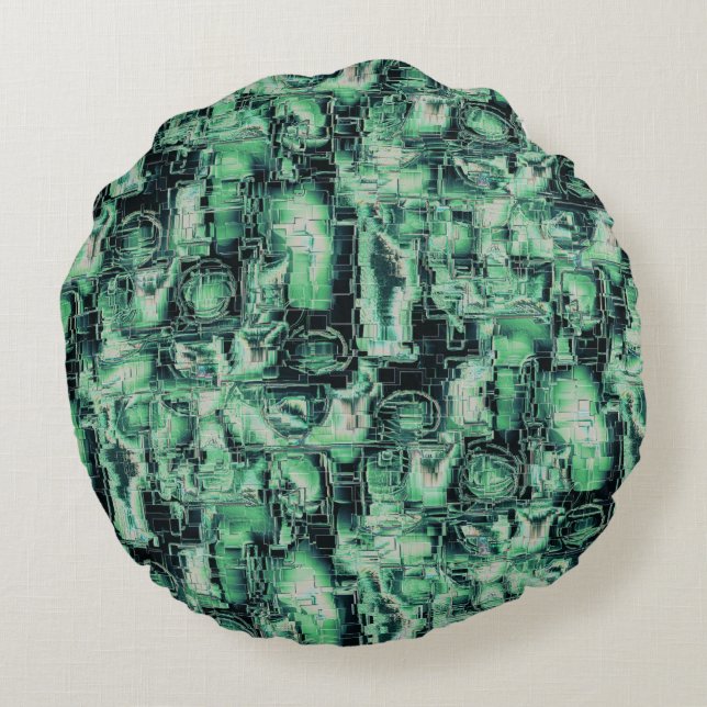 Rustikales abstraktes Bildmosaik in grüner Farbe Rundes Kissen (Rückseite)
