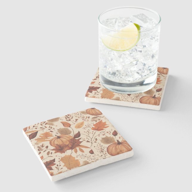 Rustikales Ahorn Terracotta Blätter Herbsthochzeit Steinuntersetzer (Seitenansicht)