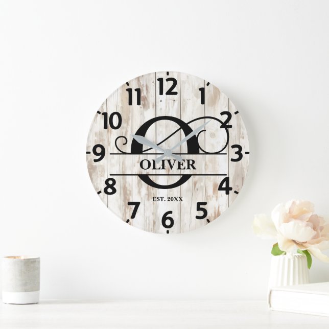 Rustikales altes Holz oder Monogramm Große Wanduhr (Zuhause)