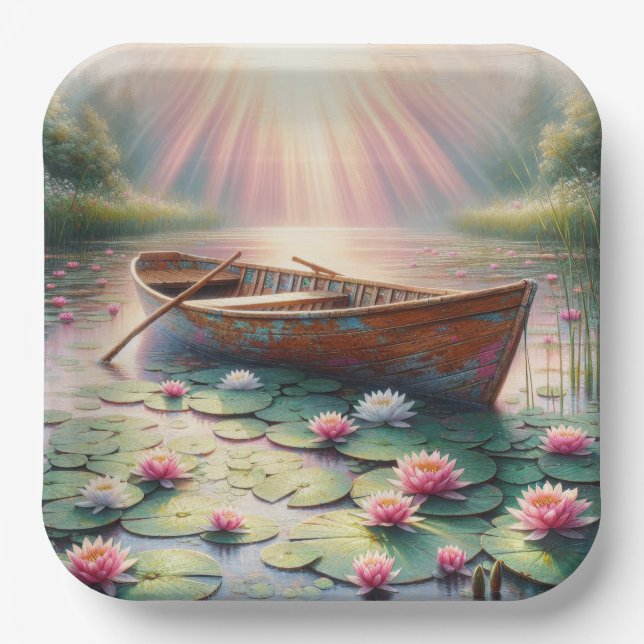 Rustikales altes Rowboat in Water Lilies Pappteller (Vorderseite)