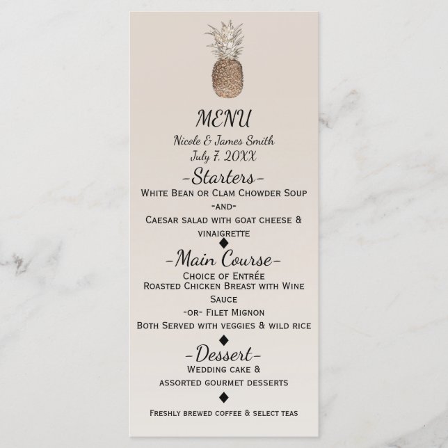 Rustikales Ananas tropisches hawaiianisches Hochze Menükarte (Vorderseite)