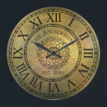 Rustikales antikes Shabby Chic-Vintage römische Große Wanduhr<br><div class="desc">Diese schönen, einzigartigen, ein-von-ein-netten personalisierten Ausrüstungsbeschreibungen, die ein Imitatrost beunruhigter Vintager antiker Hintergrund mit Ihrem eigenen personalisierten Familiennamen in einem mutigen Schriftart mit Ihrem eigenen Jahr herstellte. Das Ziffernblatt hat mutige römische Ziffern mit einer Mitte eines einzigartigen Mandalamusters. Personifizieren Sie diese Uhr, indem Sie Ihre persönliche Information addieren. Macht eine...</div>