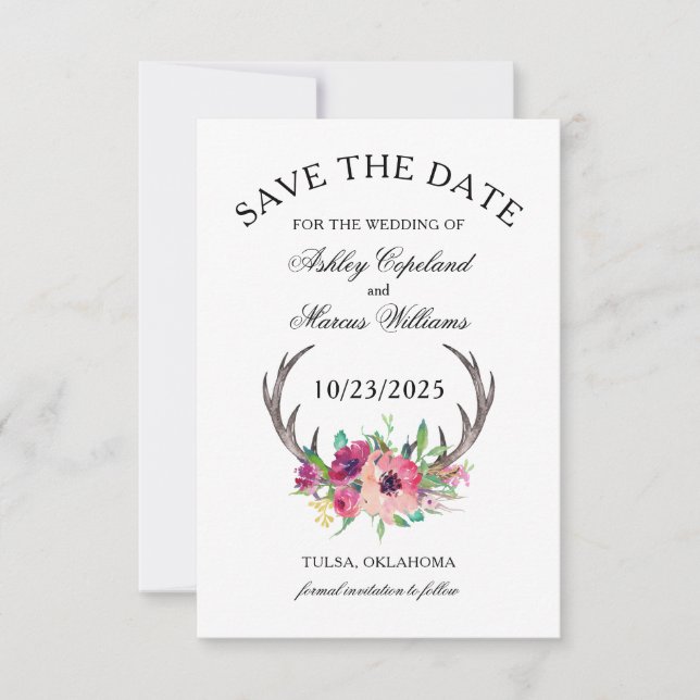 Rustikales Antlers Boho Floral Foto Save the Date (Vorderseite)